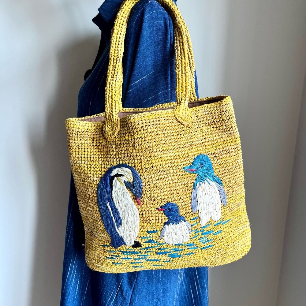 Handmade Raffia Crochet Shoulder Bag Penguin Embroidered Tote